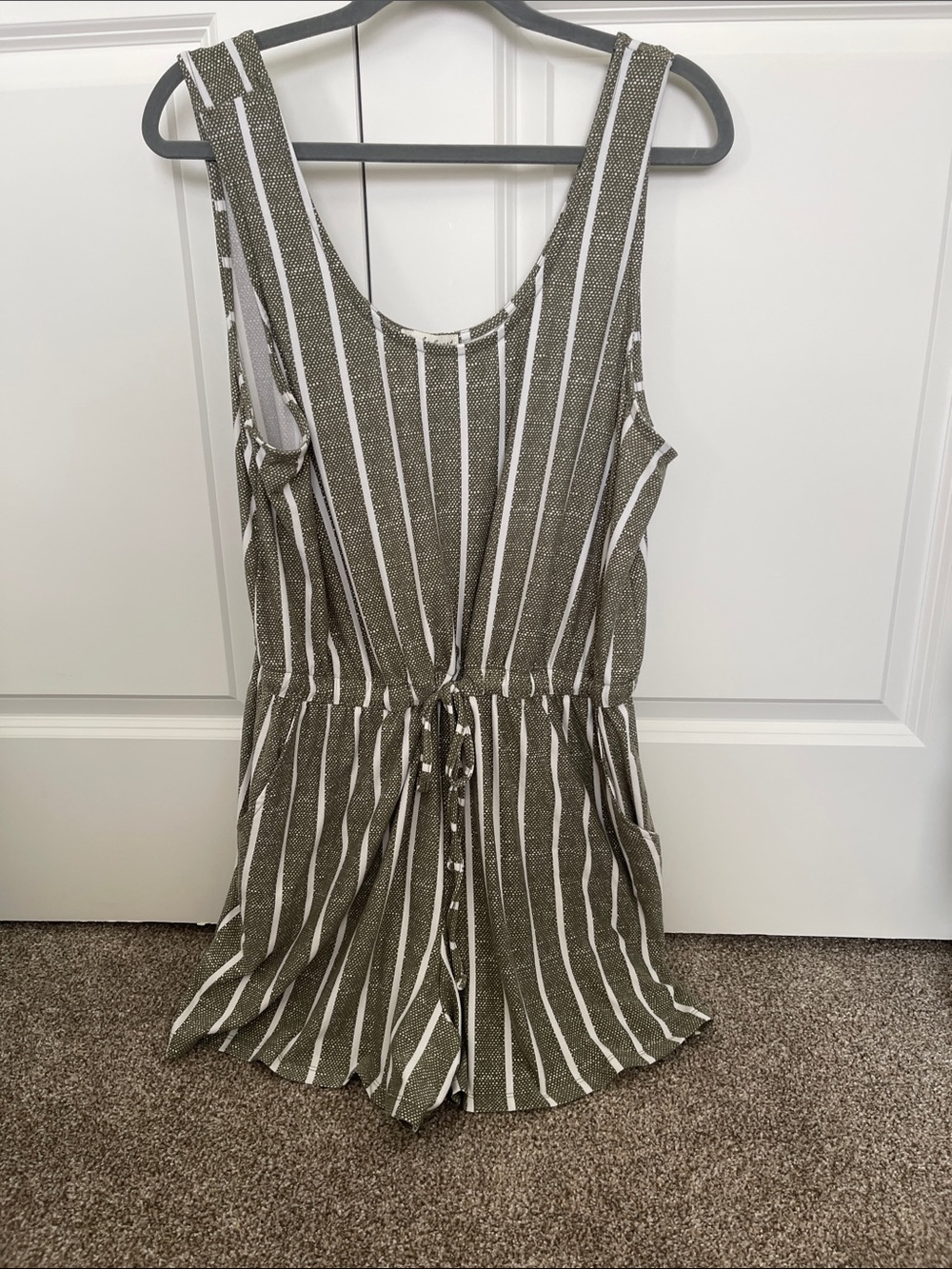 Derek Heart Olive Green & White Striped Drawstring Romper